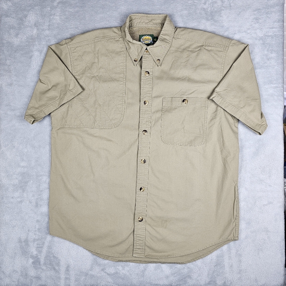 Cabelas Button Up Fishing Outdoor Short Sleep Shirt Tan Mens Size Large Hunting